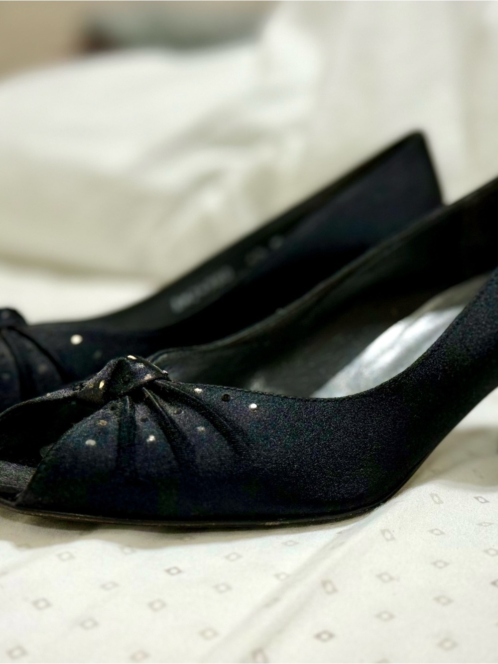 Stuart Weitzman Black Satin Peep-Toe Heels with Rhinestone Dots